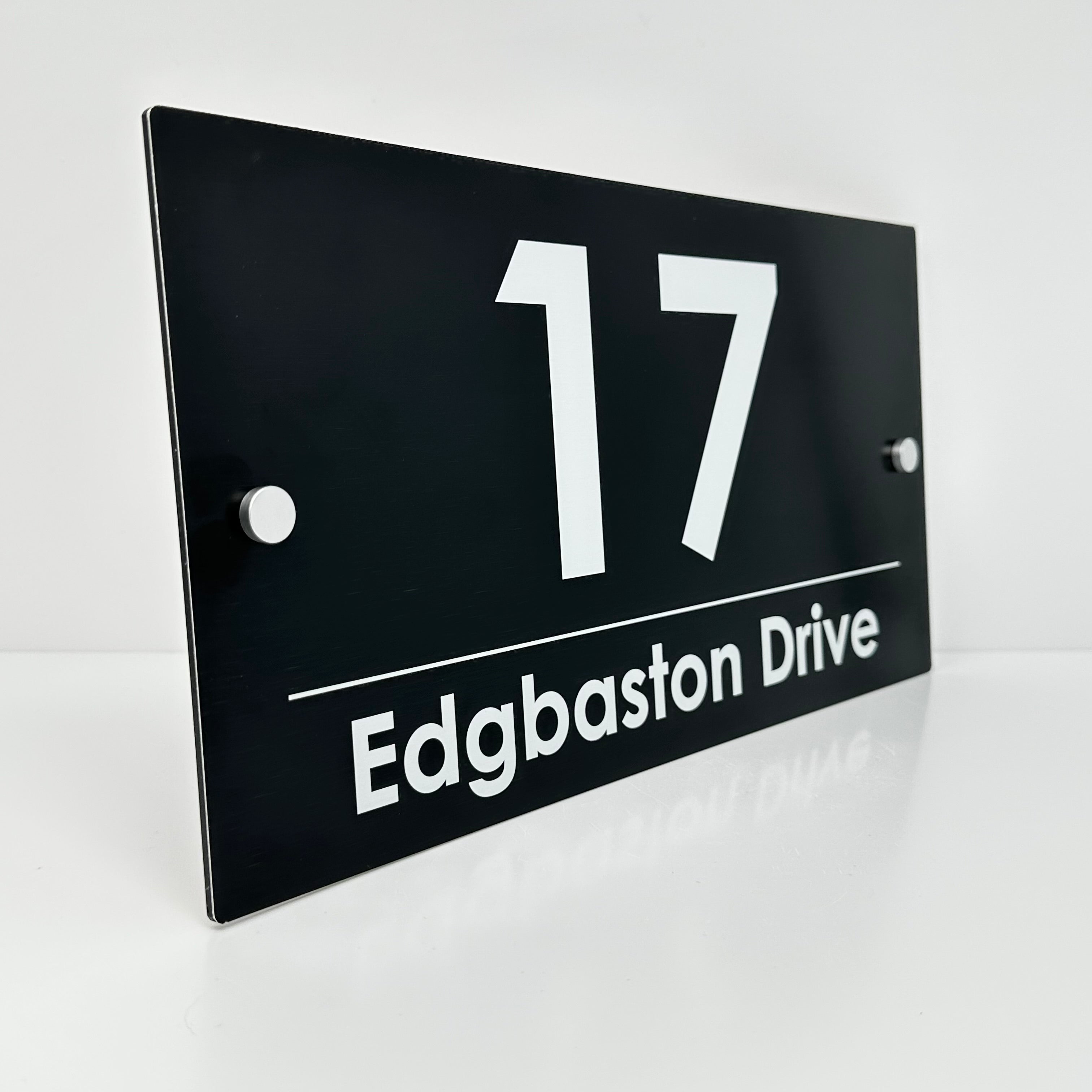 The Edgbaston Modern House Sign with a Anthracite Grey Panel and Satin Silver Stand Off Fixings ( Size - 35cm x 18cm )