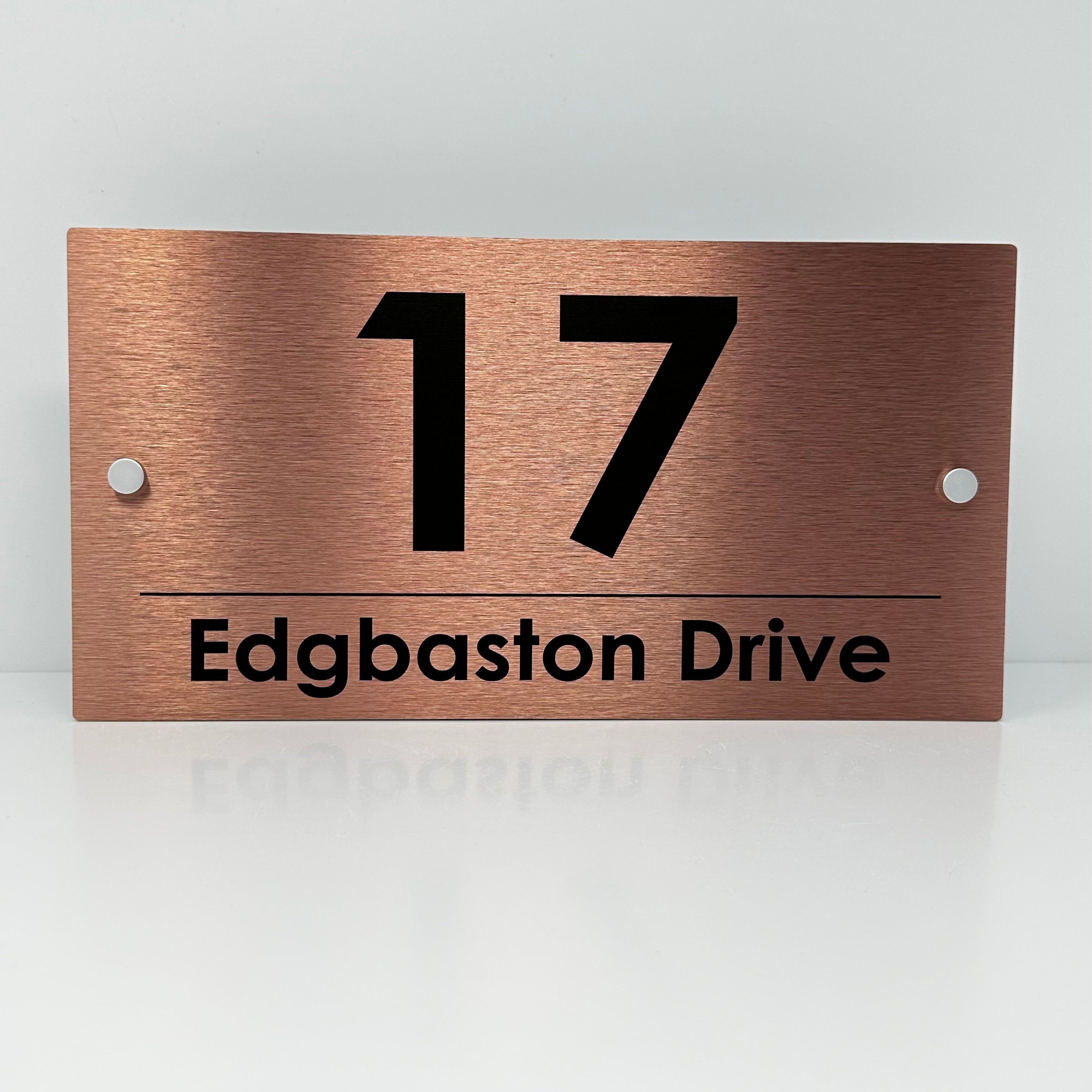 The Edgbaston Modern House Sign with a Brushed Copper Panel and Satin Silver Stand Off Fixings ( Size - 35cm x 18cm )