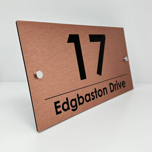 The Edgbaston Modern House Sign with a Brushed Copper Panel and Satin Silver Stand Off Fixings ( Size - 35cm x 18cm )