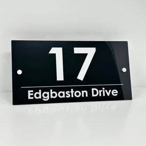 The Edgbaston Modern House Sign with a Brushed Black Panel and Satin Silver Stand Off Fixings ( Size - 35cm x 18cm )