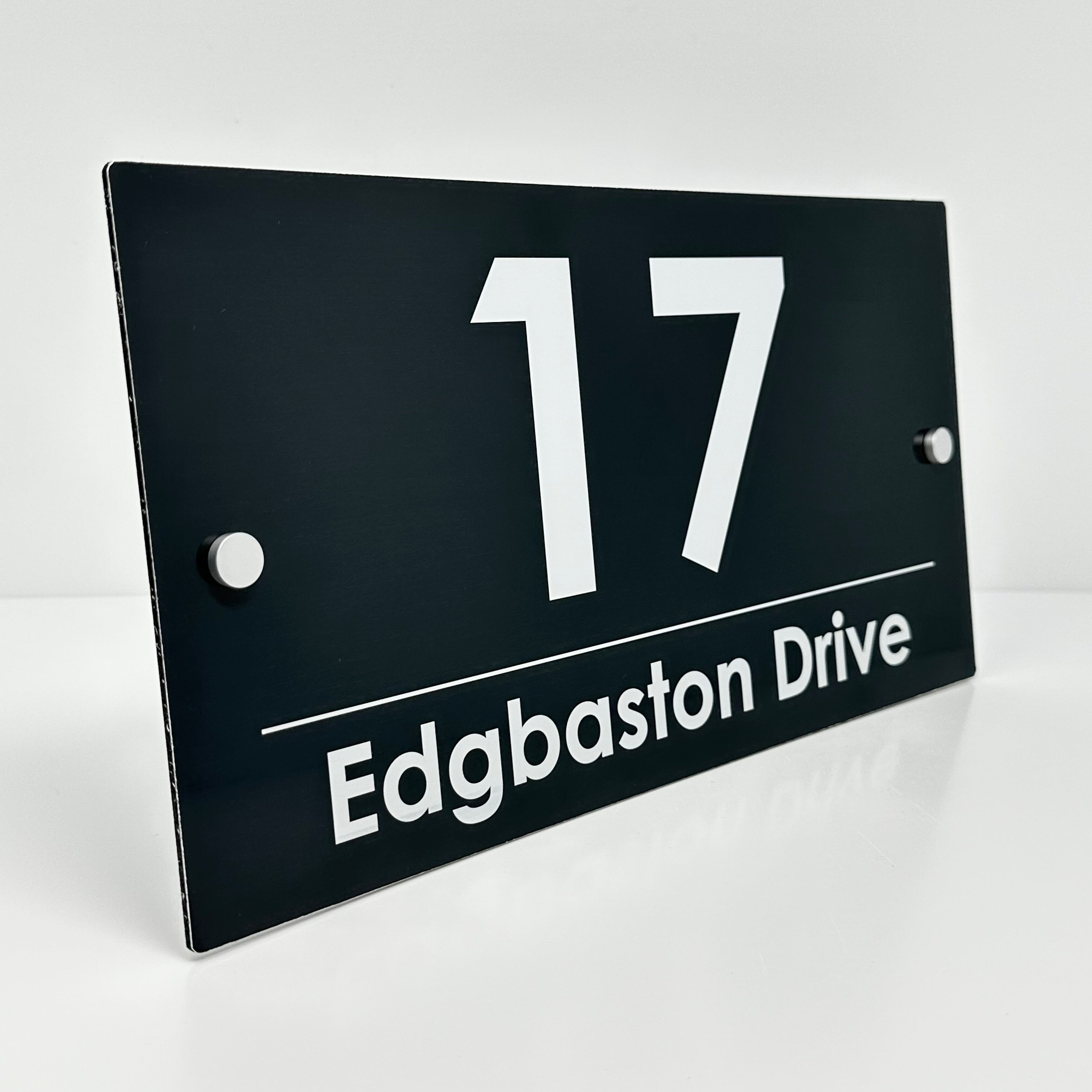 The Edgbaston Modern House Sign with a Brushed Black Panel and Satin Silver Stand Off Fixings ( Size - 35cm x 18cm )