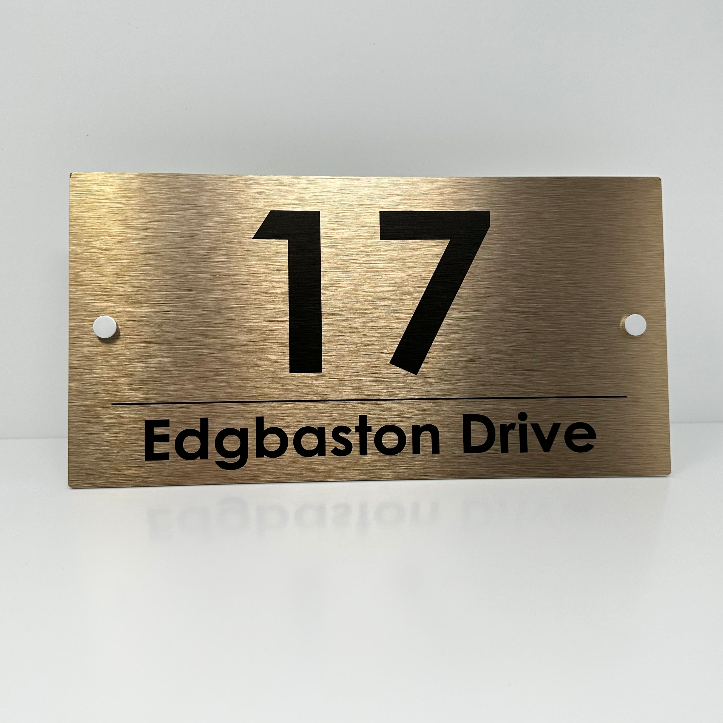 The Edgbaston Modern House Sign with a Brushed Brass Panel and Satin Silver Stand Off Fixings ( Size - 35cm x 18cm )