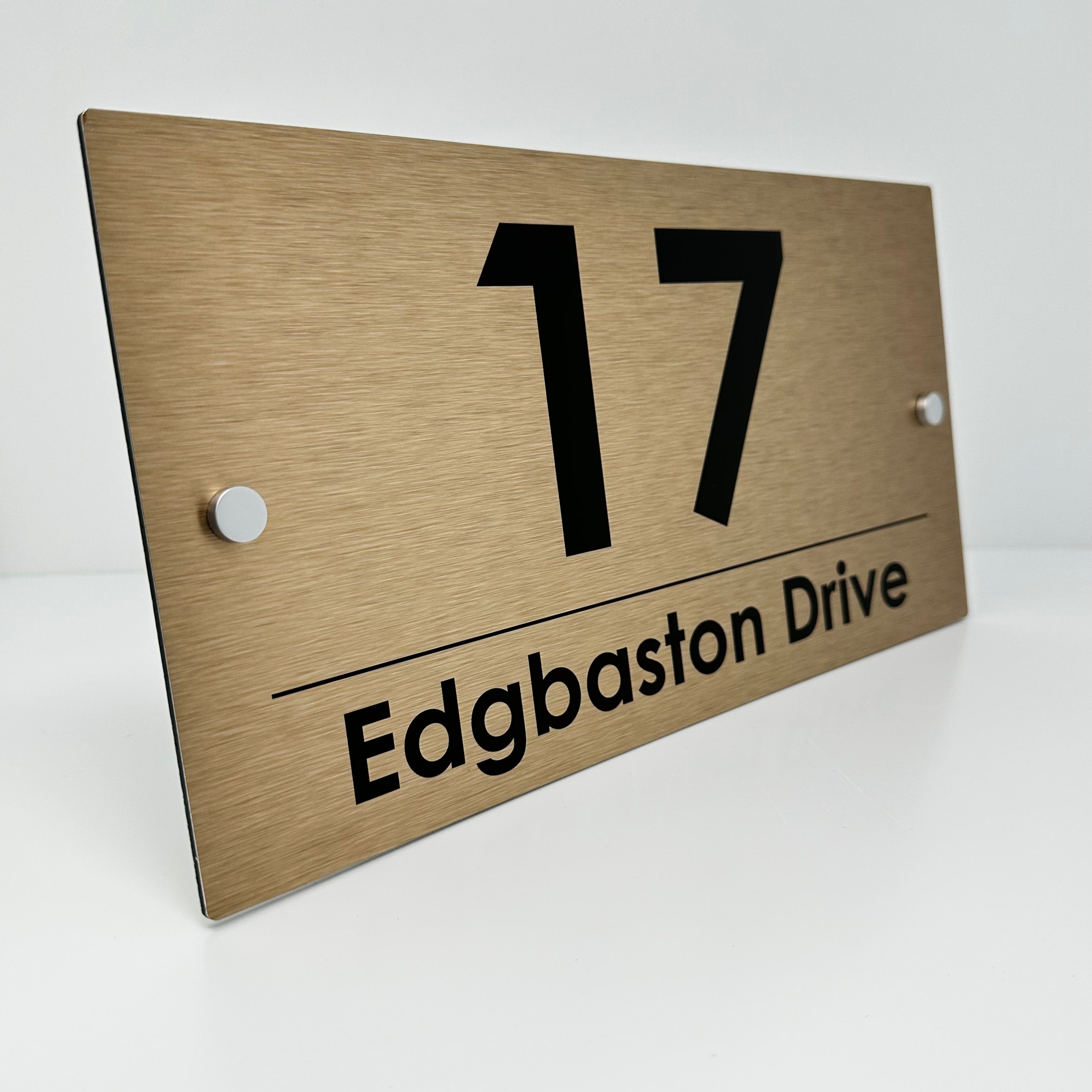 The Edgbaston Modern House Sign with a Brushed Brass Panel and Satin Silver Stand Off Fixings ( Size - 35cm x 18cm )