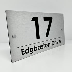 The Edgbaston Modern House Sign with a Brushed Silver Panel and Satin Silver Stand Off Fixings ( Size - 35cm x 18cm )