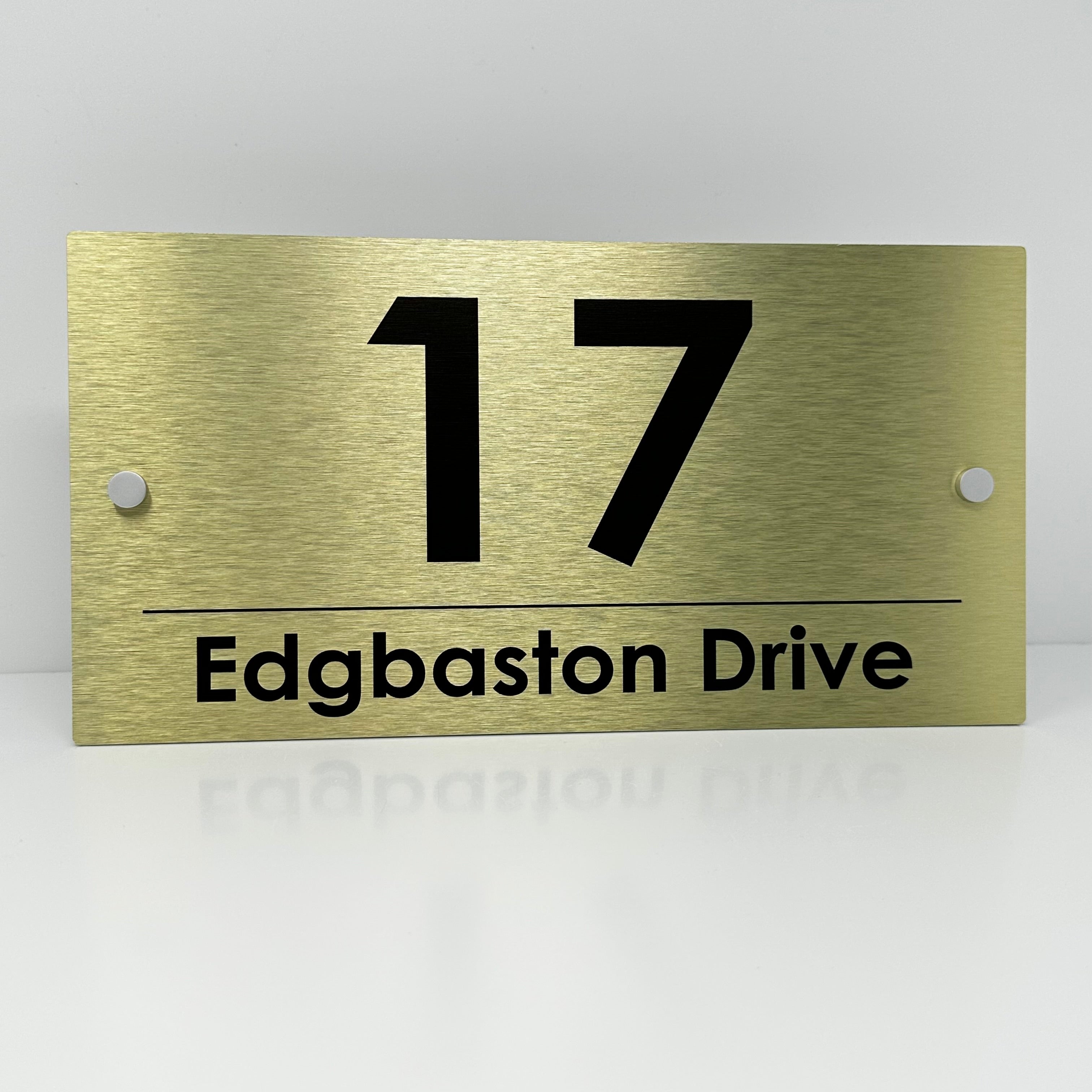 The Edgbaston Modern House Sign with a Brushed Gold Panel and Satin Silver Stand Off Fixings ( Size - 35cm x 18cm )