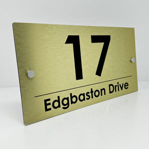 The Edgbaston Modern House Sign with a Brushed Gold Panel and Satin Silver Stand Off Fixings ( Size - 35cm x 18cm )