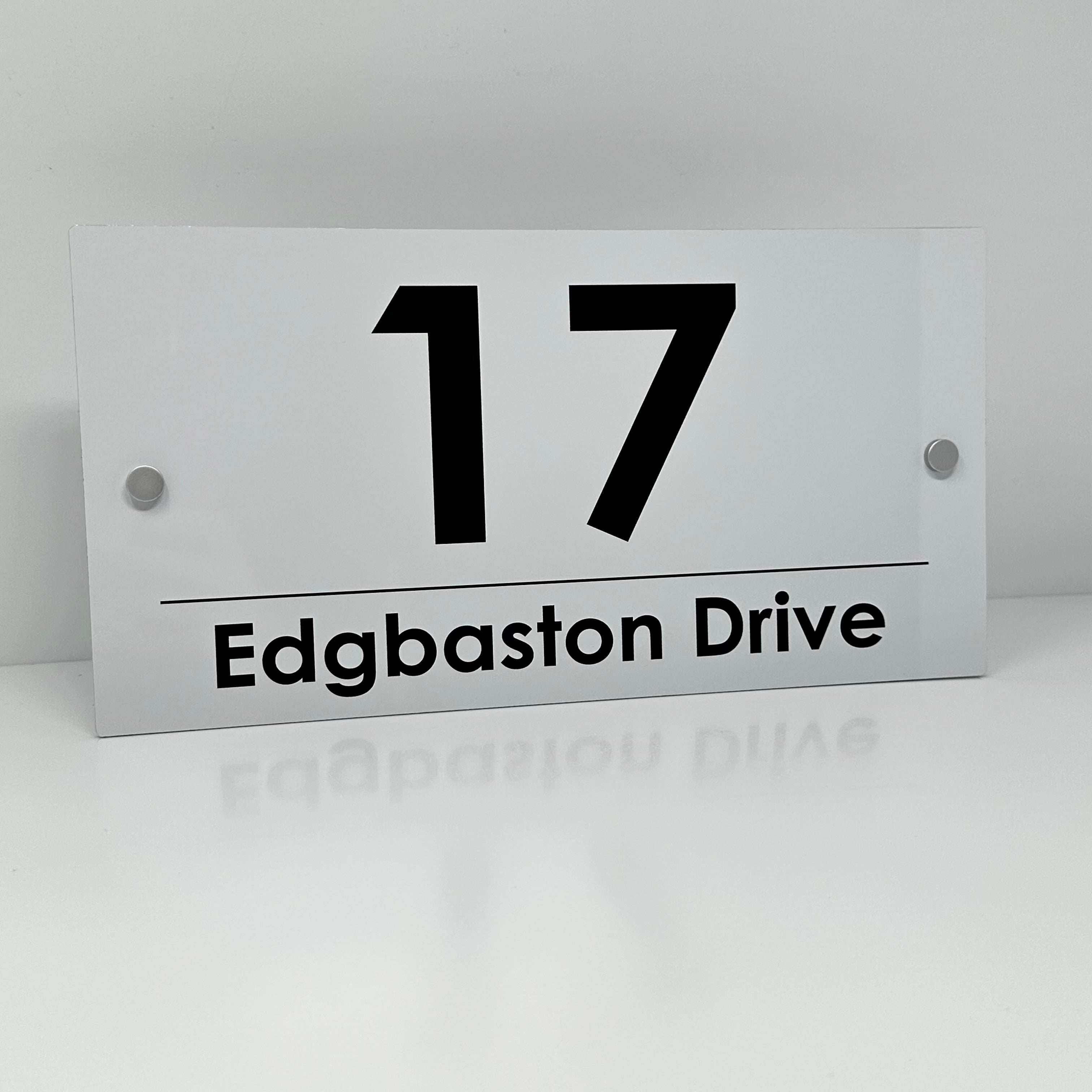 The Edgbaston Modern House Sign with a White Panel and Satin Silver Stand Off Fixings ( Size - 35cm x 18cm )