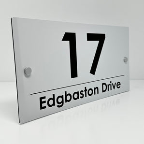 The Edgbaston Modern House Sign with a White Panel and Satin Silver Stand Off Fixings ( Size - 35cm x 18cm )