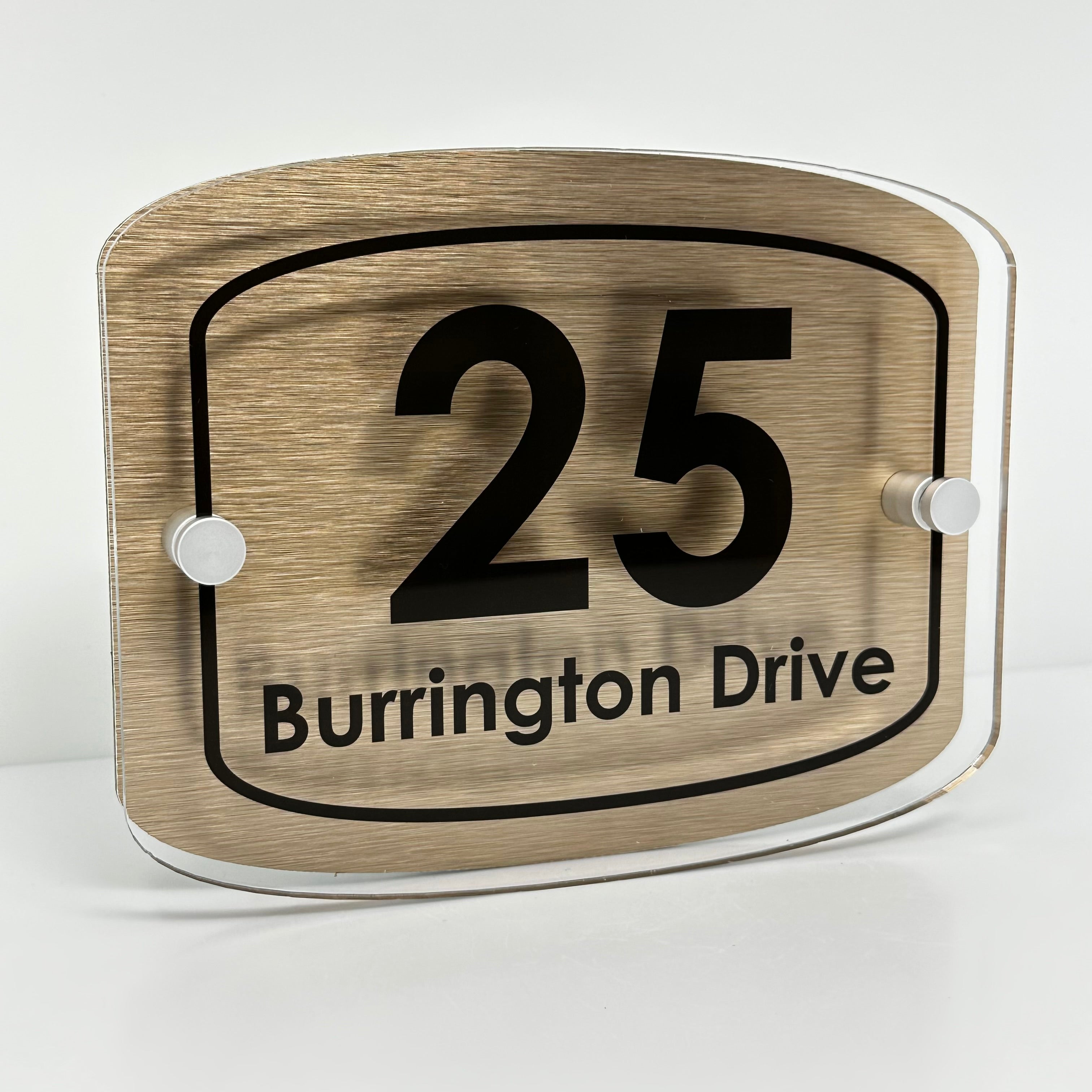The Burrington Modern House Sign with Perspex Acrylic Front, Brass Rear Panel and Satin Silver Stand Off Fixings ( Size - 20cm x 16cm )