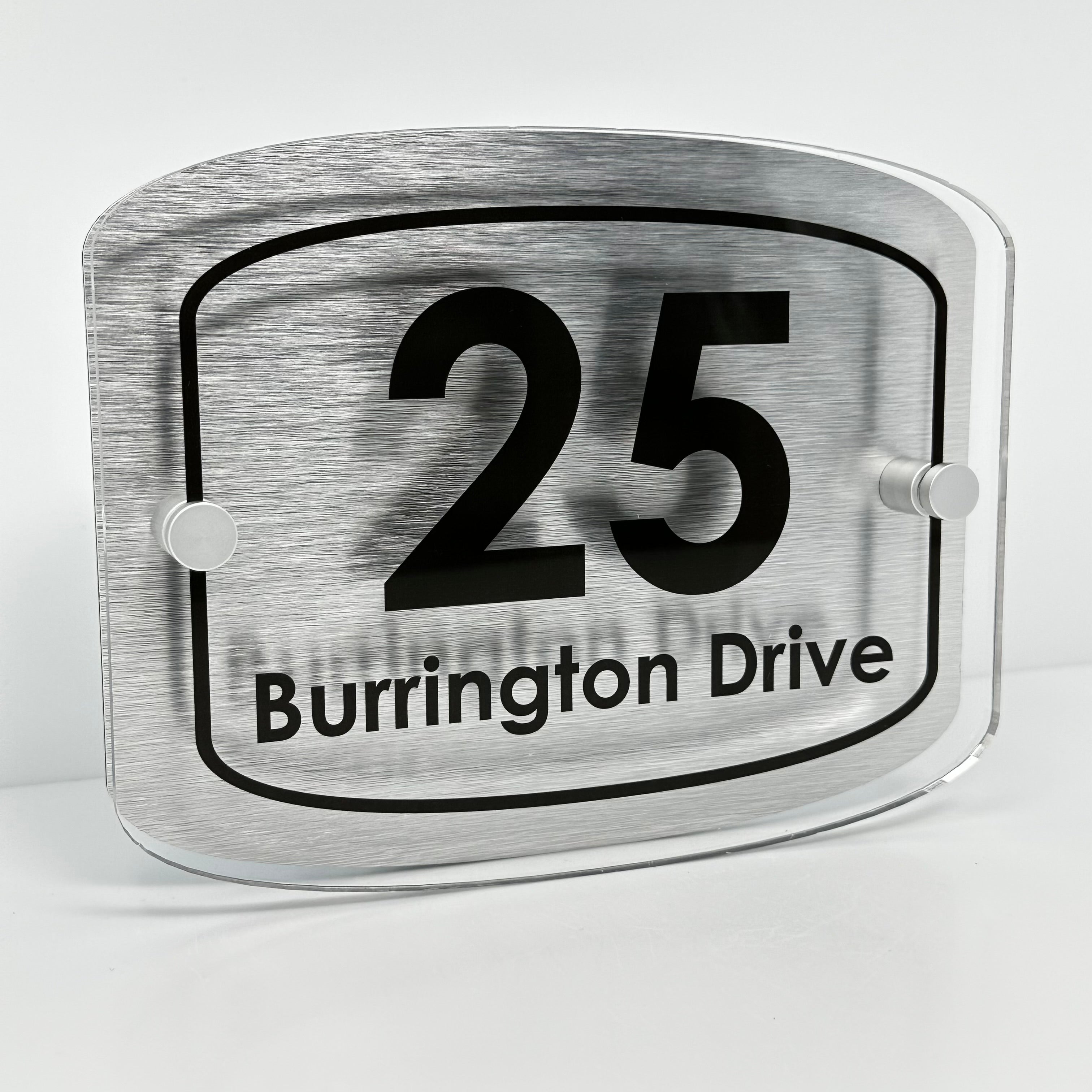 The Burrington Modern House Sign with Perspex Acrylic Front, Silver Rear Panel and Satin Silver Stand Off Fixings ( Size - 20cm x 16cm )