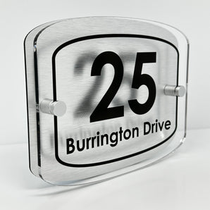 The Burrington Modern House Sign with Perspex Acrylic Front, Silver Rear Panel and Satin Silver Stand Off Fixings ( Size - 20cm x 16cm )