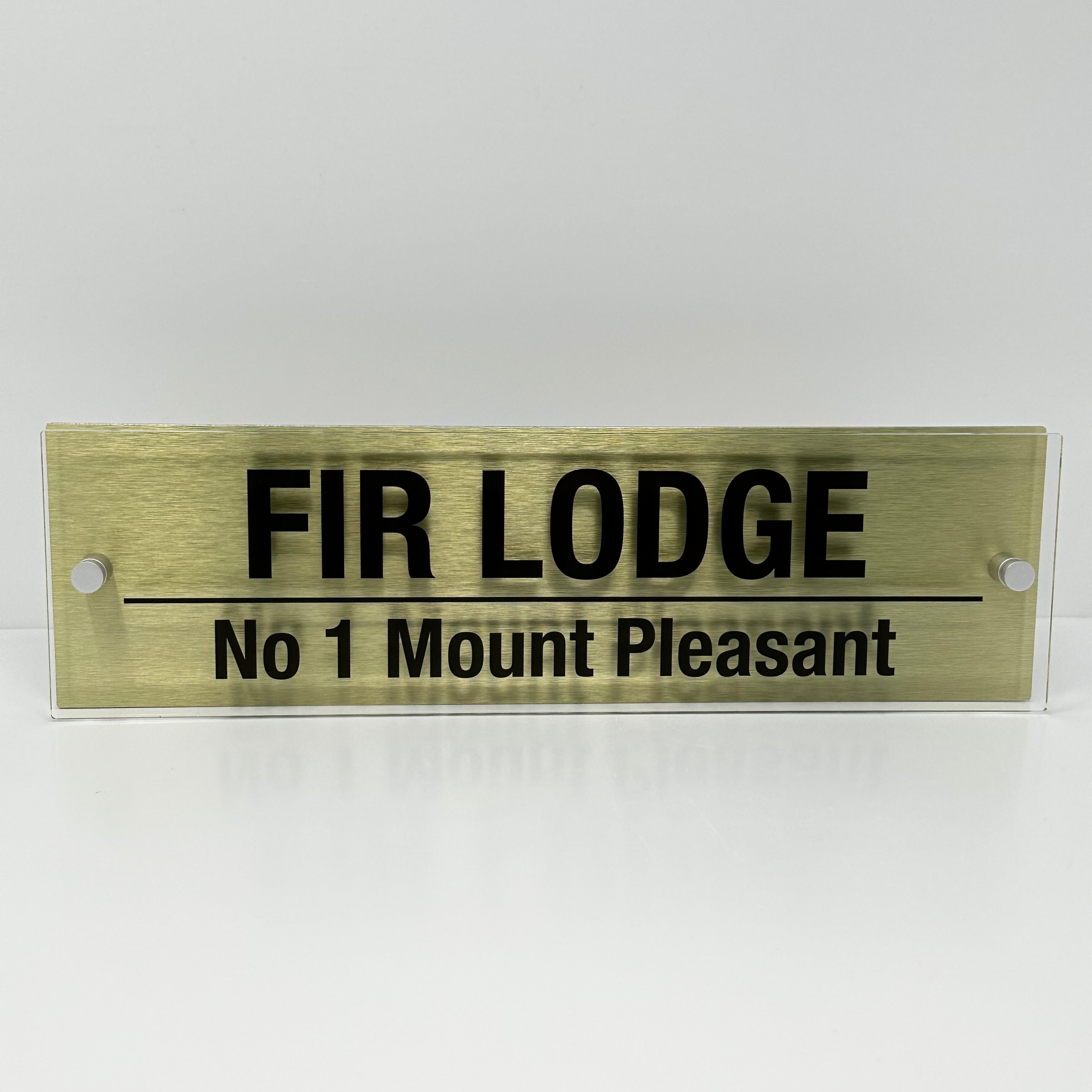 The Fir Lodge Modern House Sign with Perspex Acrylic Front, Gold Rear Panel and Satin Silver Stand Off Fixings ( Size - 42cm x 12cm )