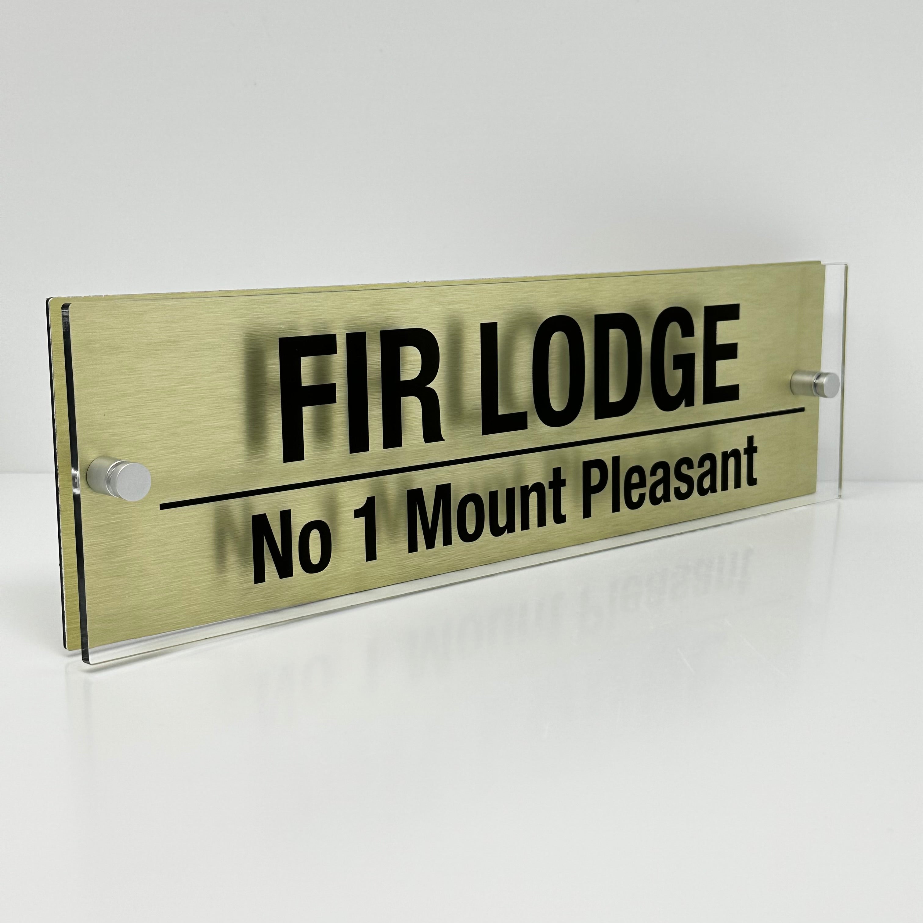 The Fir Lodge Modern House Sign with Perspex Acrylic Front, Gold Rear Panel and Satin Silver Stand Off Fixings ( Size - 42cm x 12cm )