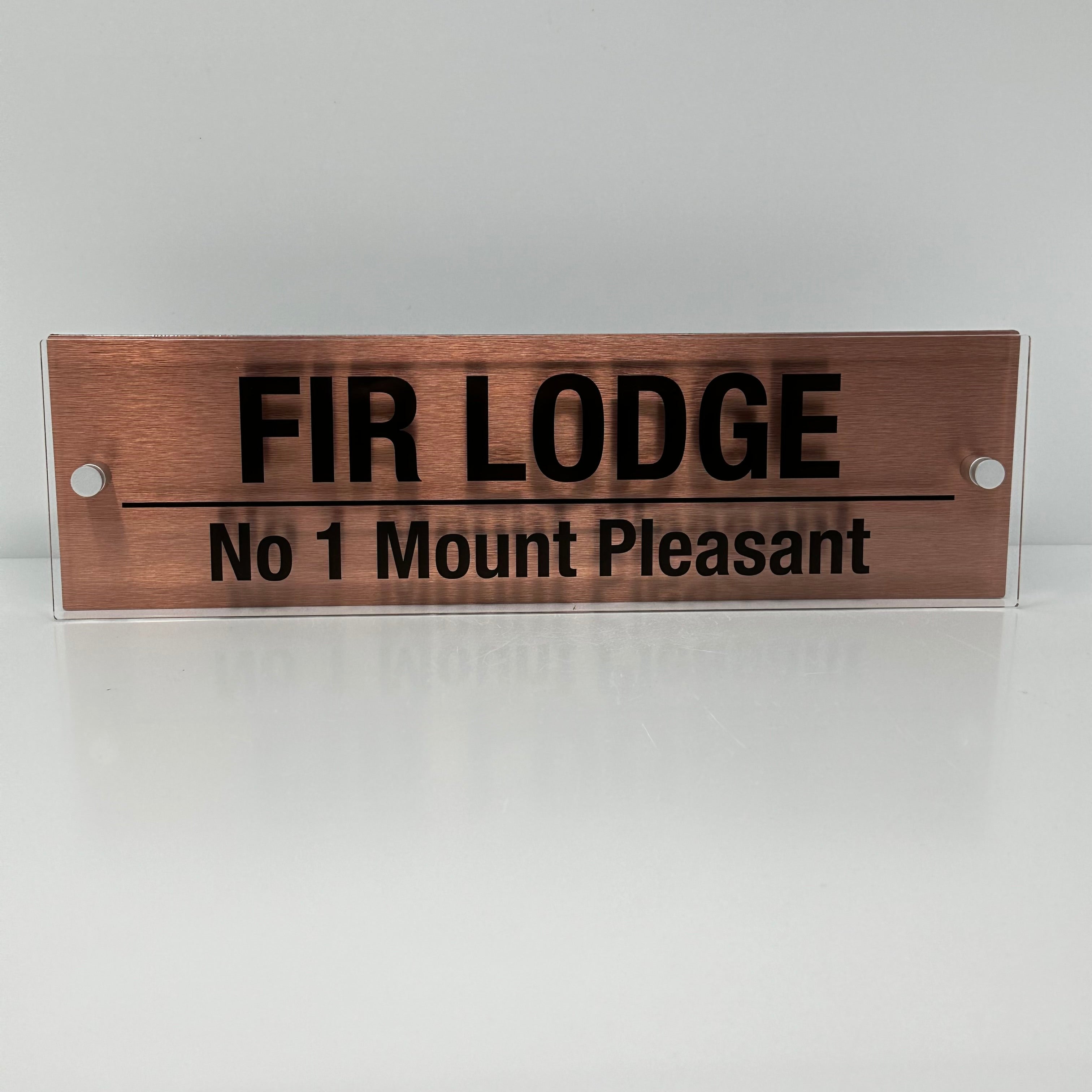 The Fir Lodge Modern House Sign with Perspex Acrylic Front, Copper Rear Panel and Satin Silver Stand Off Fixings ( Size - 42cm x 12cm )