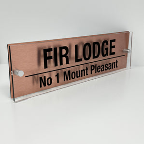 The Fir Lodge Modern House Sign with Perspex Acrylic Front, Copper Rear Panel and Satin Silver Stand Off Fixings ( Size - 42cm x 12cm )