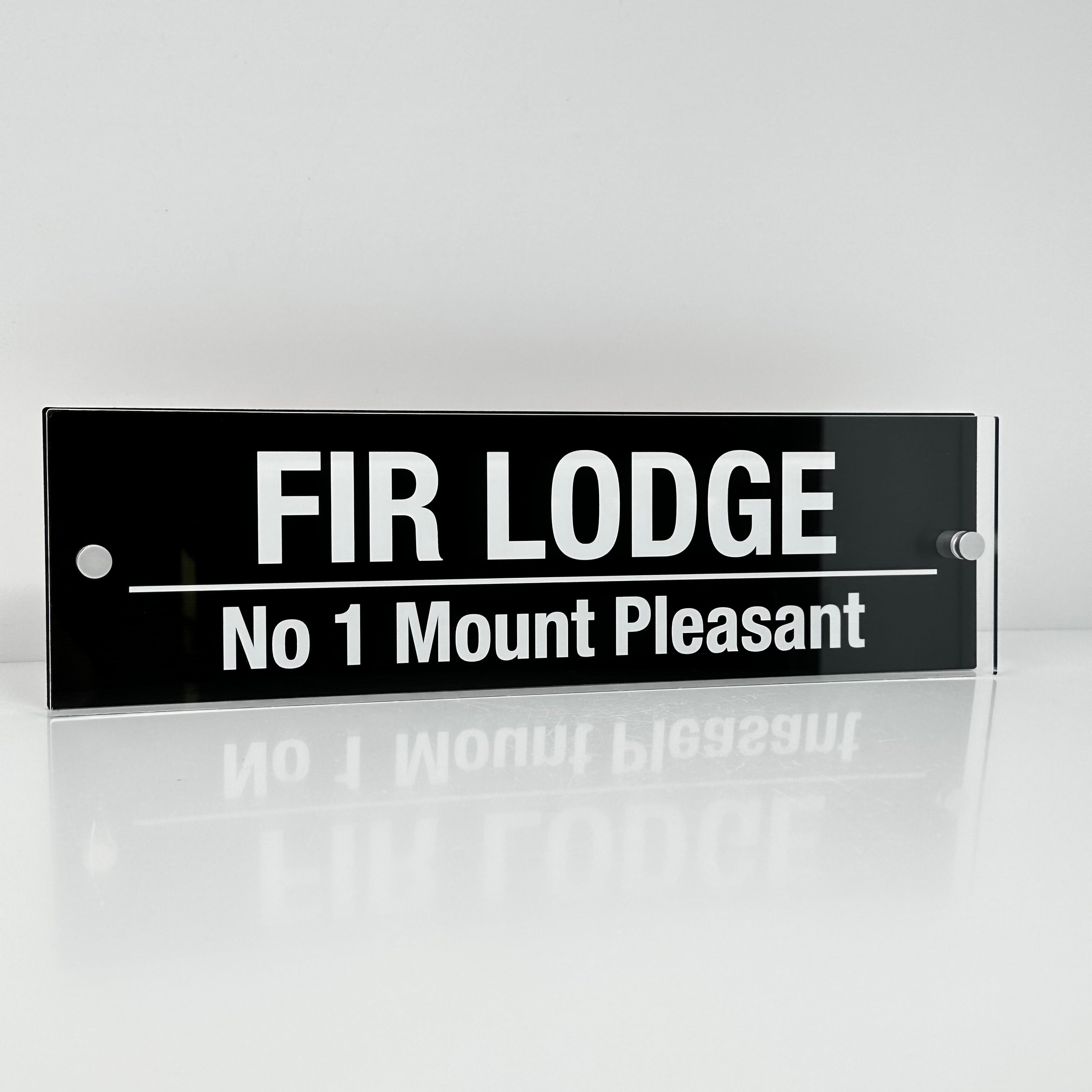 The Fir Lodge Modern House Sign with Perspex Acrylic Front, Black Rear Panel and Satin Silver Stand Off Fixings ( Size - 42cm x 12cm )