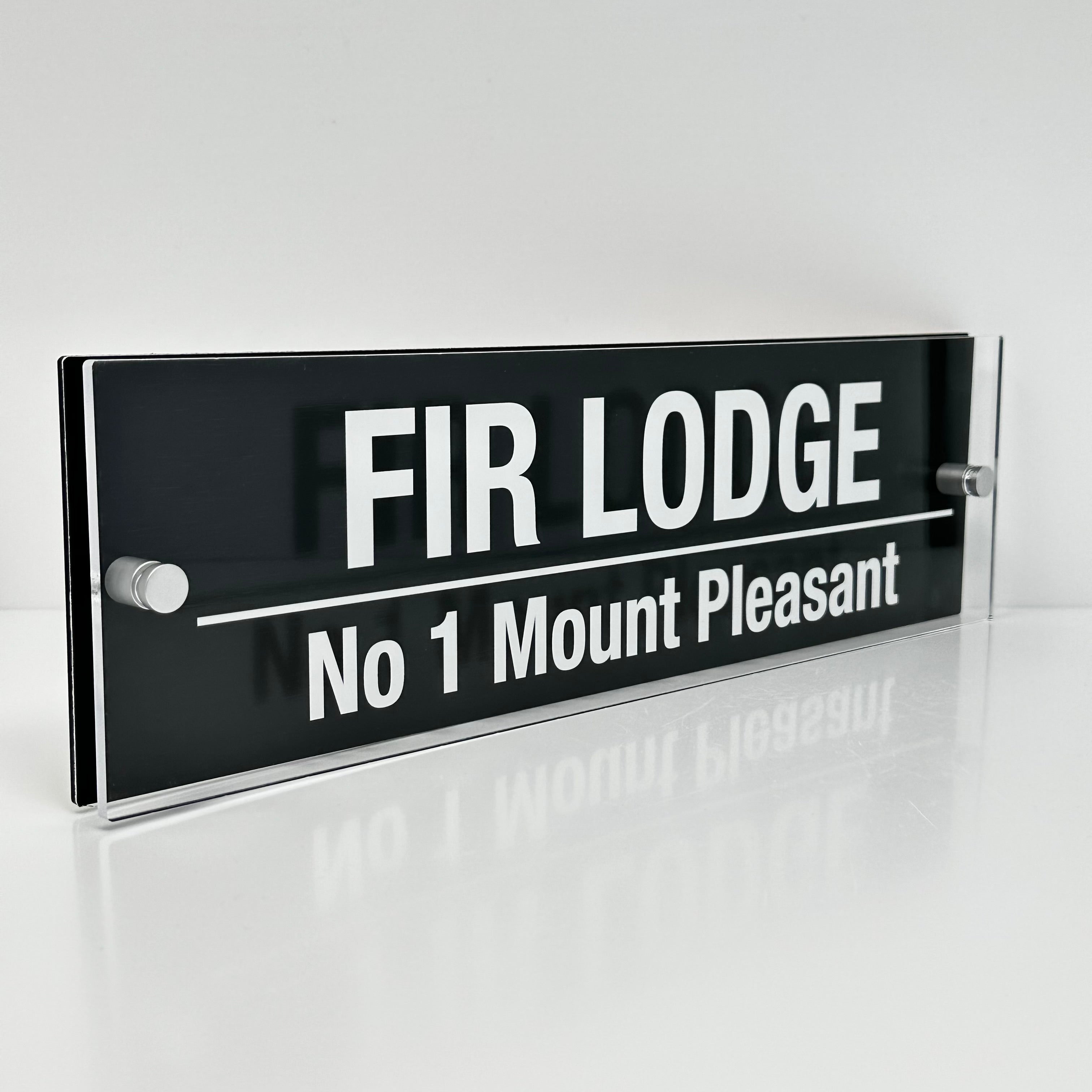 The Fir Lodge Modern House Sign with Perspex Acrylic Front, Black Rear Panel and Satin Silver Stand Off Fixings ( Size - 42cm x 12cm )