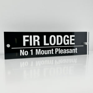 The Fir Lodge Modern House Sign with Perspex Acrylic Front, Anthracite Grey Rear Panel and Satin Silver Stand Off Fixings ( Size - 42cm x 12cm )