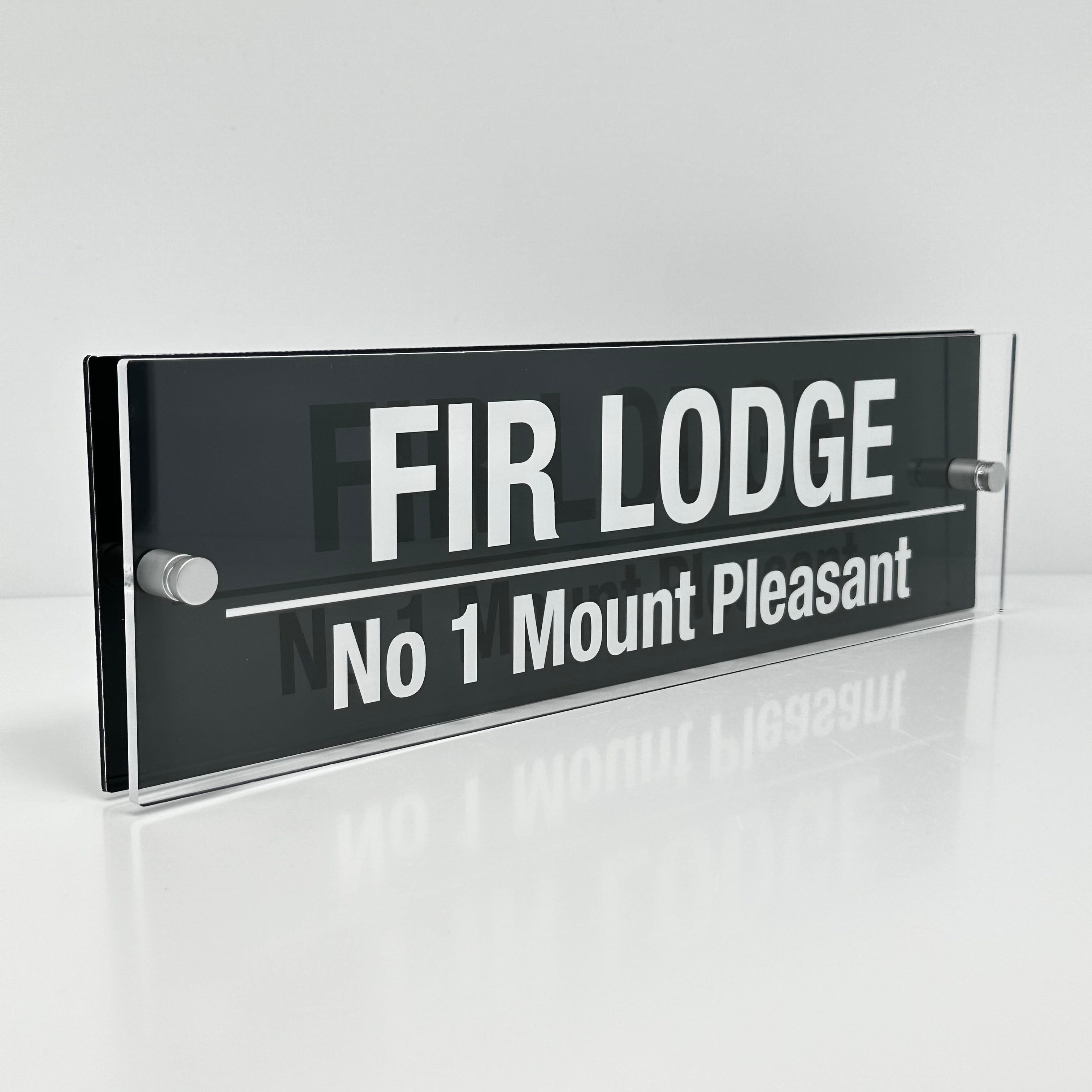 The Fir Lodge Modern House Sign with Perspex Acrylic Front, Anthracite Grey Rear Panel and Satin Silver Stand Off Fixings ( Size - 42cm x 12cm )