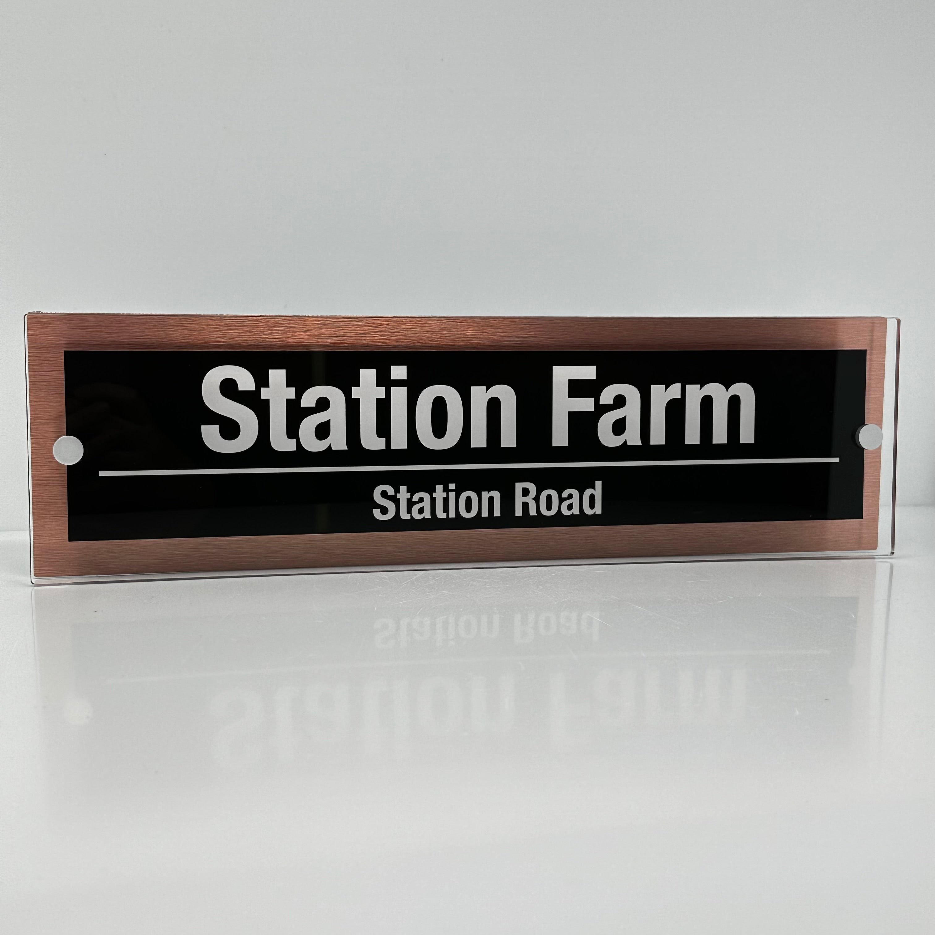 The Station Farm Modern House Sign with Perspex Acrylic Front, Copper Rear Panel and Satin Silver Stand Off Fixings ( Size - 42cm x 12cm )