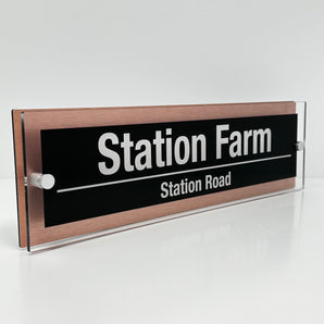 The Station Farm Modern House Sign with Perspex Acrylic Front, Copper Rear Panel and Satin Silver Stand Off Fixings ( Size - 42cm x 12cm )