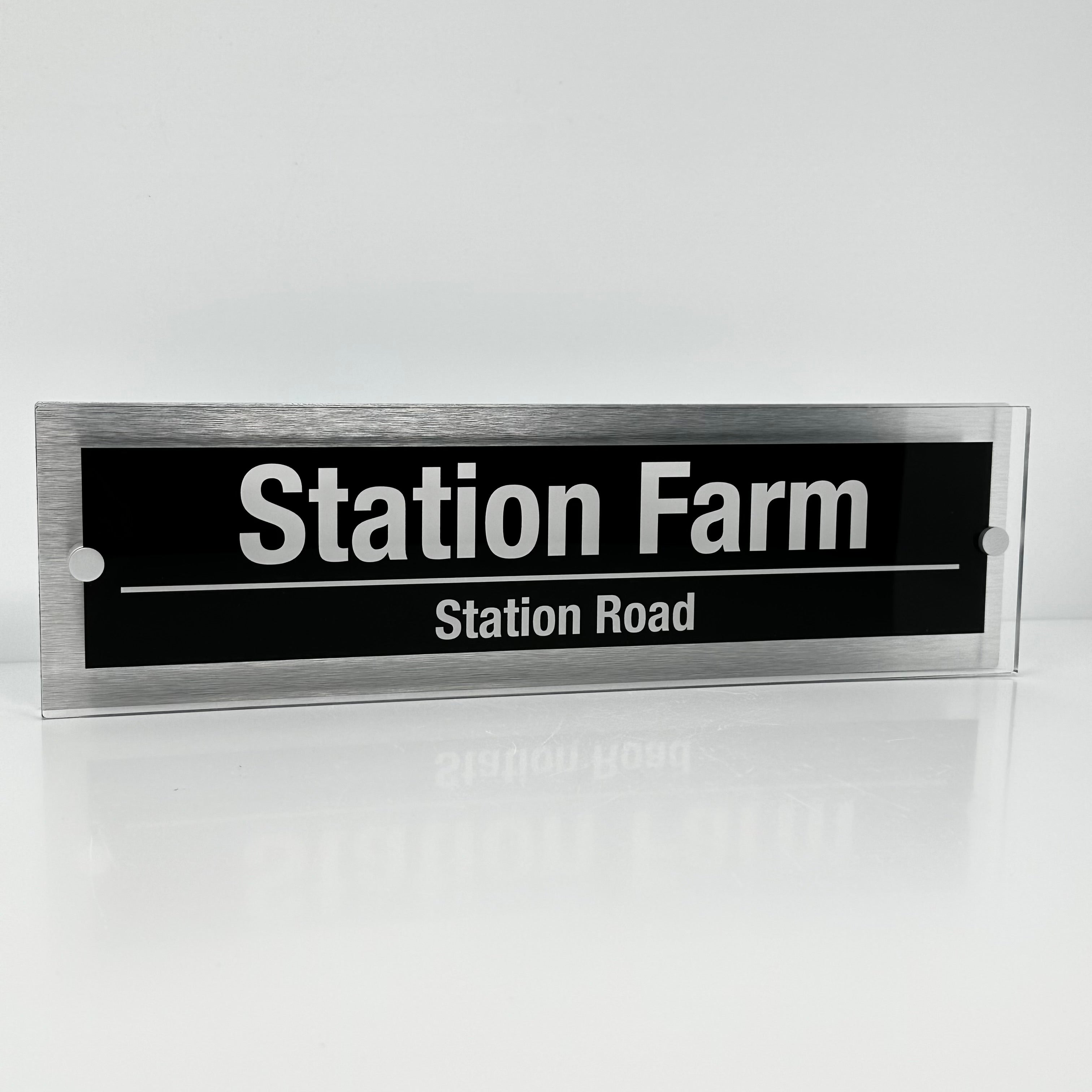 The Station Farm Modern House Sign with Perspex Acrylic Front, Silver Rear Panel and Satin Silver Stand Off Fixings ( Size - 42cm x 12cm )