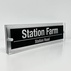 The Station Farm Modern House Sign with Perspex Acrylic Front, Silver Rear Panel and Satin Silver Stand Off Fixings ( Size - 42cm x 12cm )