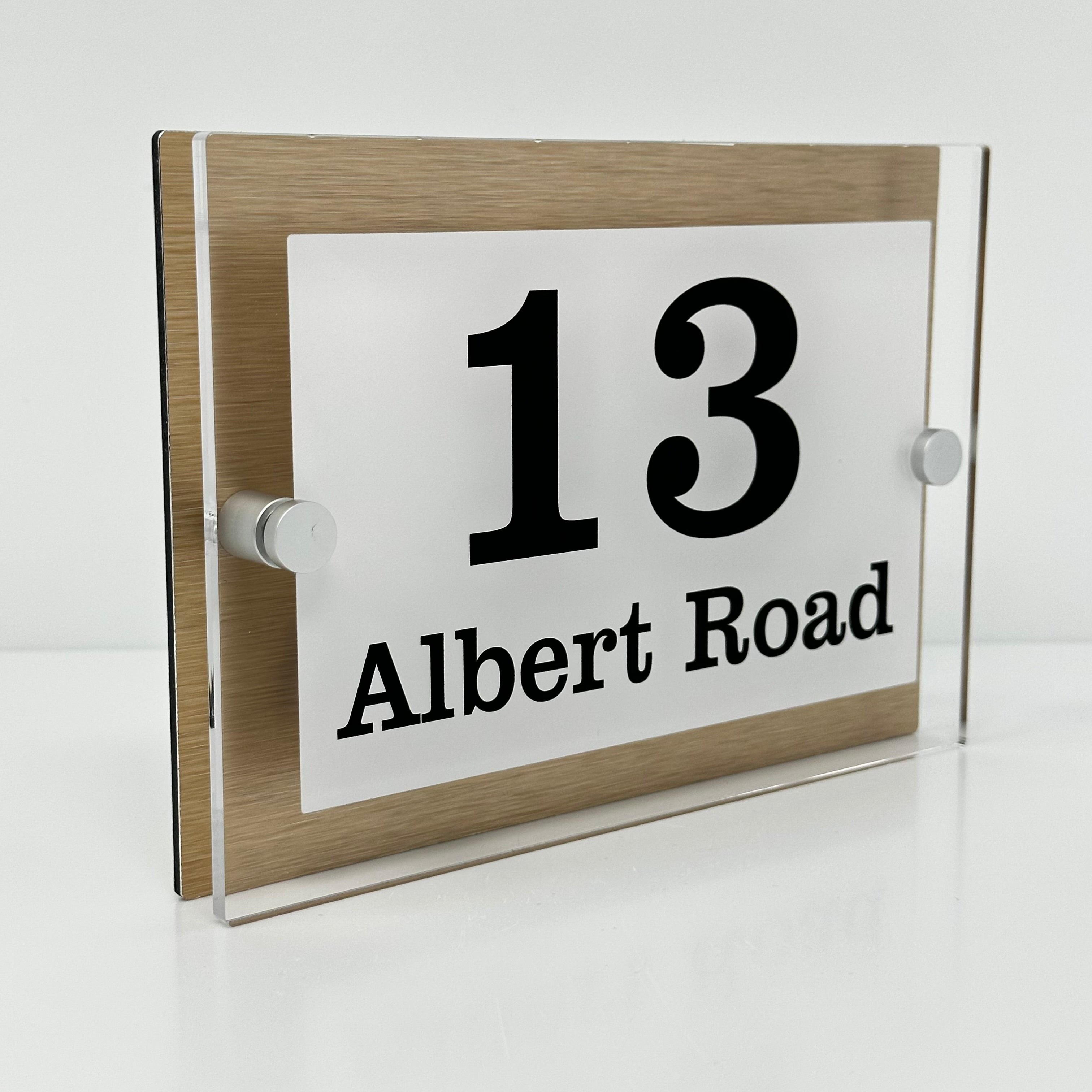 The Albert Modern House Sign with Perspex Acrylic Front, Brass Rear Panel and Satin Silver Stand Off Fixings ( Size - 20cm x 14cm - WHITE BACKGROUND BLACK TEXT )