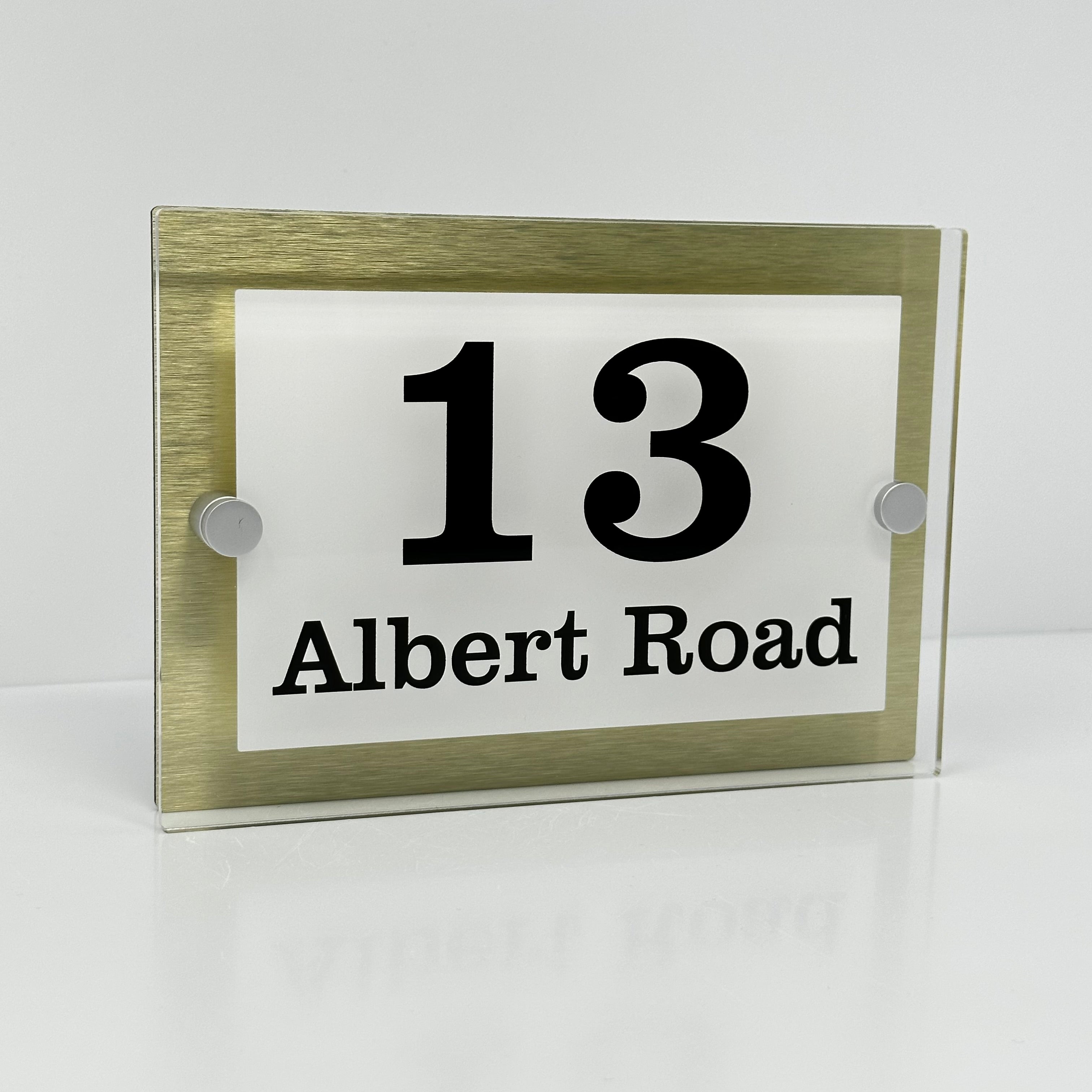 The Albert Modern House Sign with Perspex Acrylic Front, Gold Rear Panel and Satin Silver Stand Off Fixings ( Size - 20cm x 14cm - WHITE BACKGROUND BLACK TEXT )