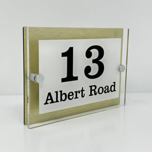 The Albert Modern House Sign with Perspex Acrylic Front, Gold Rear Panel and Satin Silver Stand Off Fixings ( Size - 20cm x 14cm - WHITE BACKGROUND BLACK TEXT )