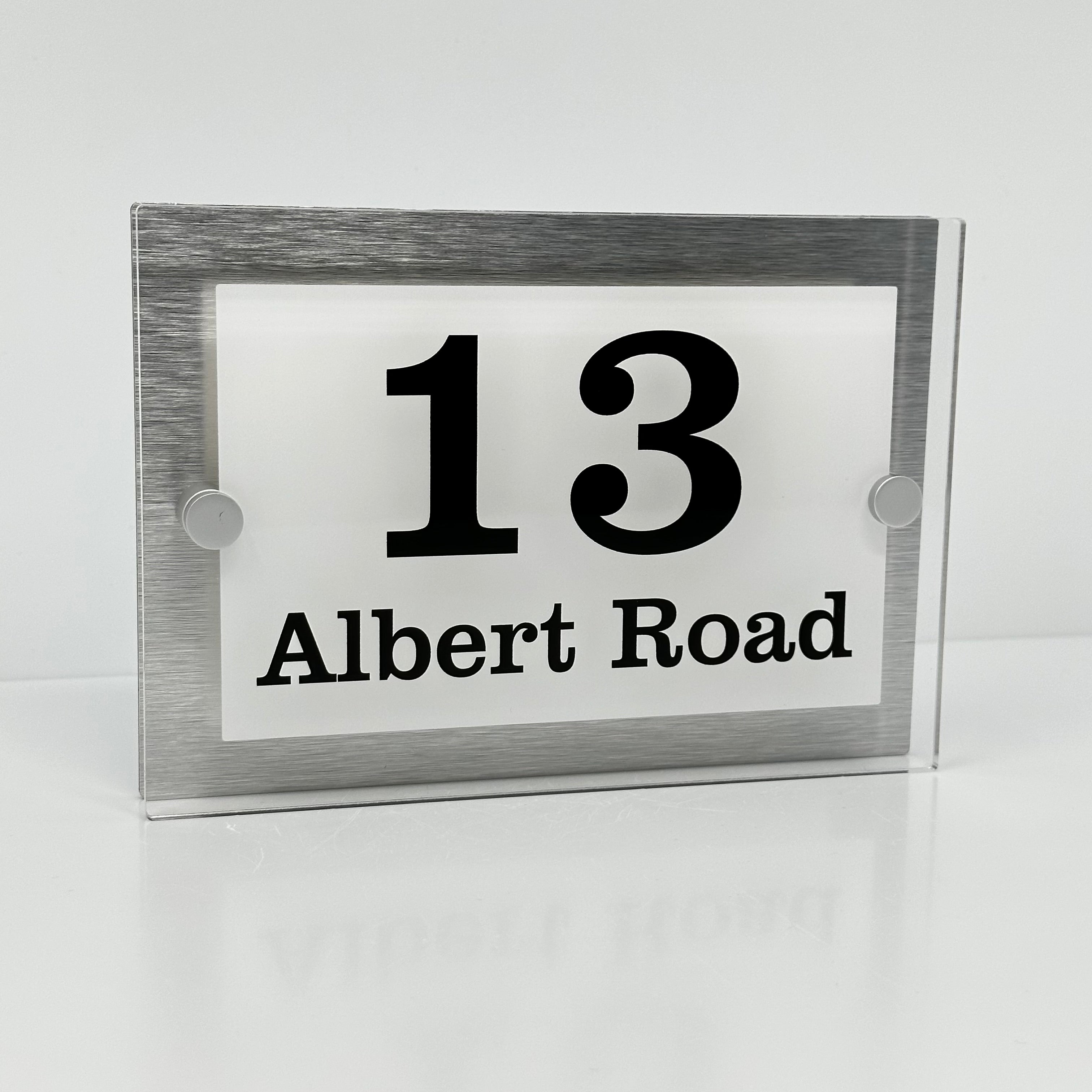 The Albert Modern House Sign with Perspex Acrylic Front, Silver Rear Panel and Satin Silver Stand Off Fixings ( Size - 20cm x 14cm - WHITE BACKGROUND BLACK TEXT )