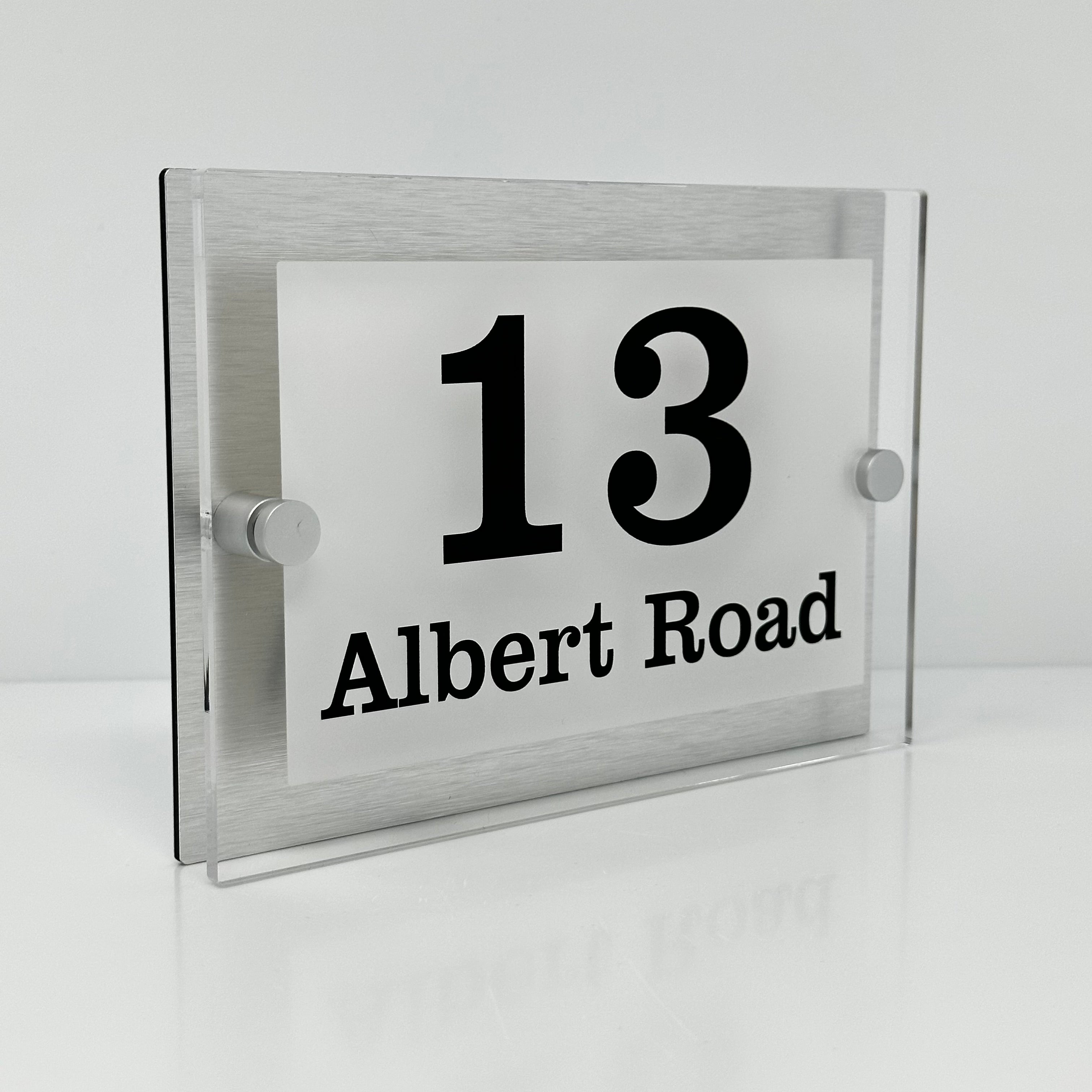 The Albert Modern House Sign with Perspex Acrylic Front, Silver Rear Panel and Satin Silver Stand Off Fixings ( Size - 20cm x 14cm - WHITE BACKGROUND BLACK TEXT )