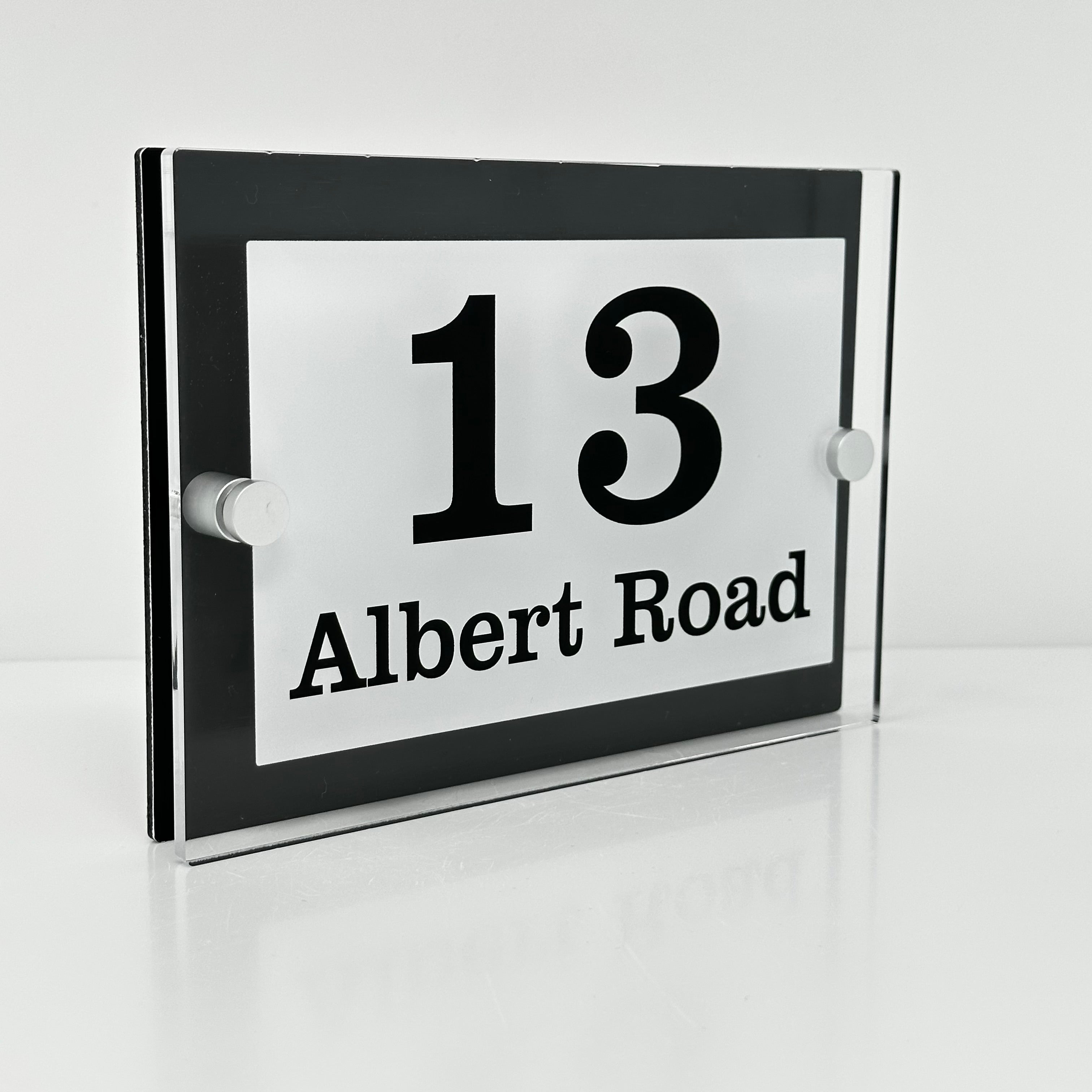 The Albert Modern House Sign with Perspex Acrylic Front, Black Rear Panel and Satin Silver Stand Off Fixings ( Size - 20cm x 14cm )