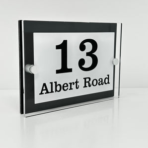 The Albert Modern House Sign with Perspex Acrylic Front, Black Rear Panel and Satin Silver Stand Off Fixings ( Size - 20cm x 14cm )