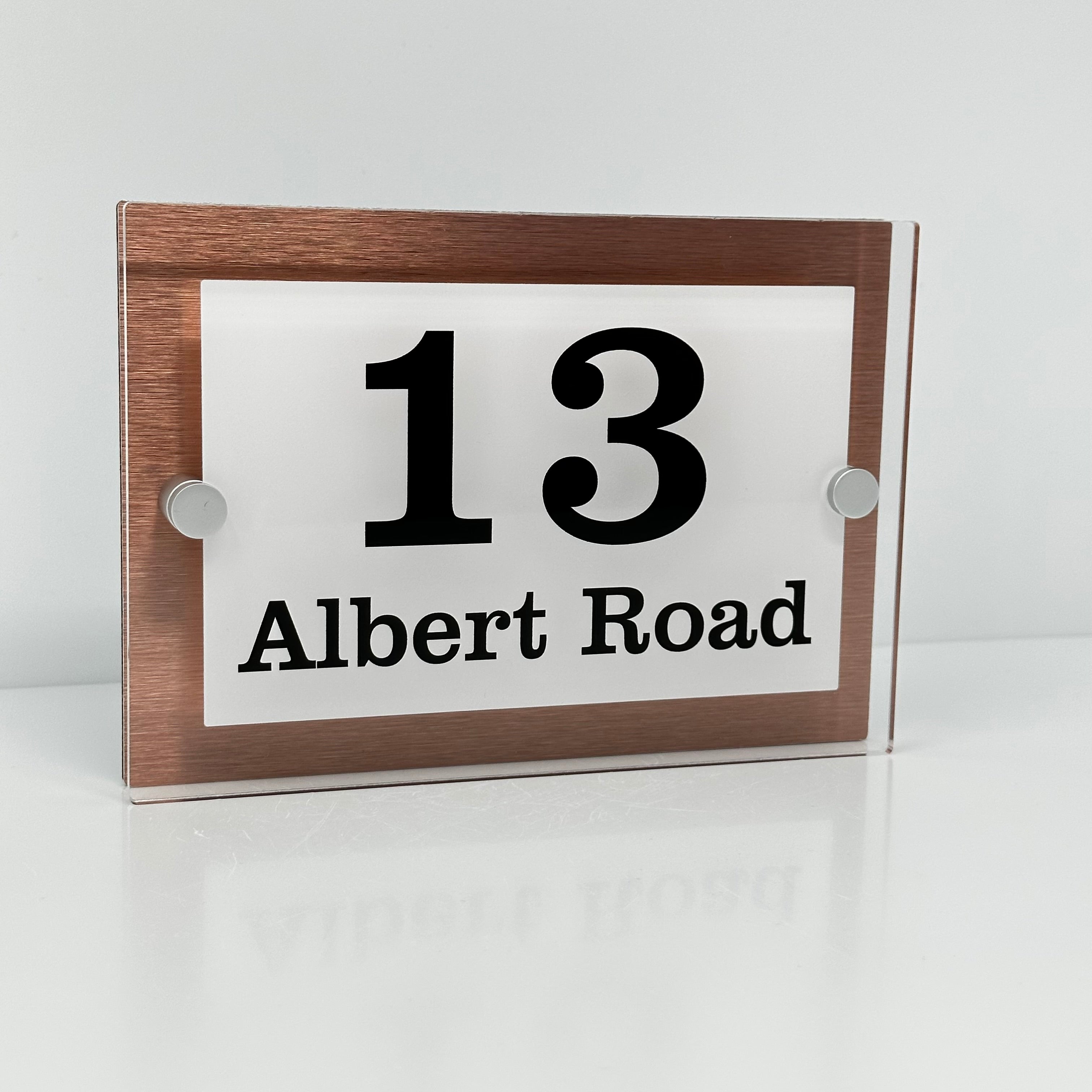 The Albert Modern House Sign with Perspex Acrylic Front, Copper Rear Panel and Satin Silver Stand Off Fixings ( Size - 20cm x 14cm - WHITE BACKGROUND BLACK TEXT )