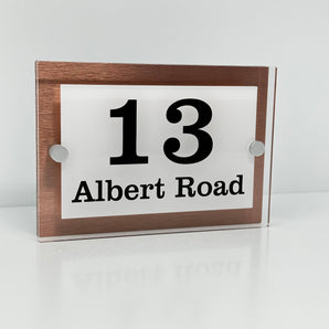 The Albert Modern House Sign with Perspex Acrylic Front, Copper Rear Panel and Satin Silver Stand Off Fixings ( Size - 20cm x 14cm - WHITE BACKGROUND BLACK TEXT )