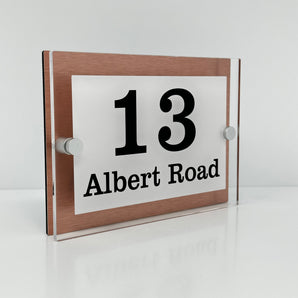 The Albert Modern House Sign with Perspex Acrylic Front, Copper Rear Panel and Satin Silver Stand Off Fixings ( Size - 20cm x 14cm - WHITE BACKGROUND BLACK TEXT )