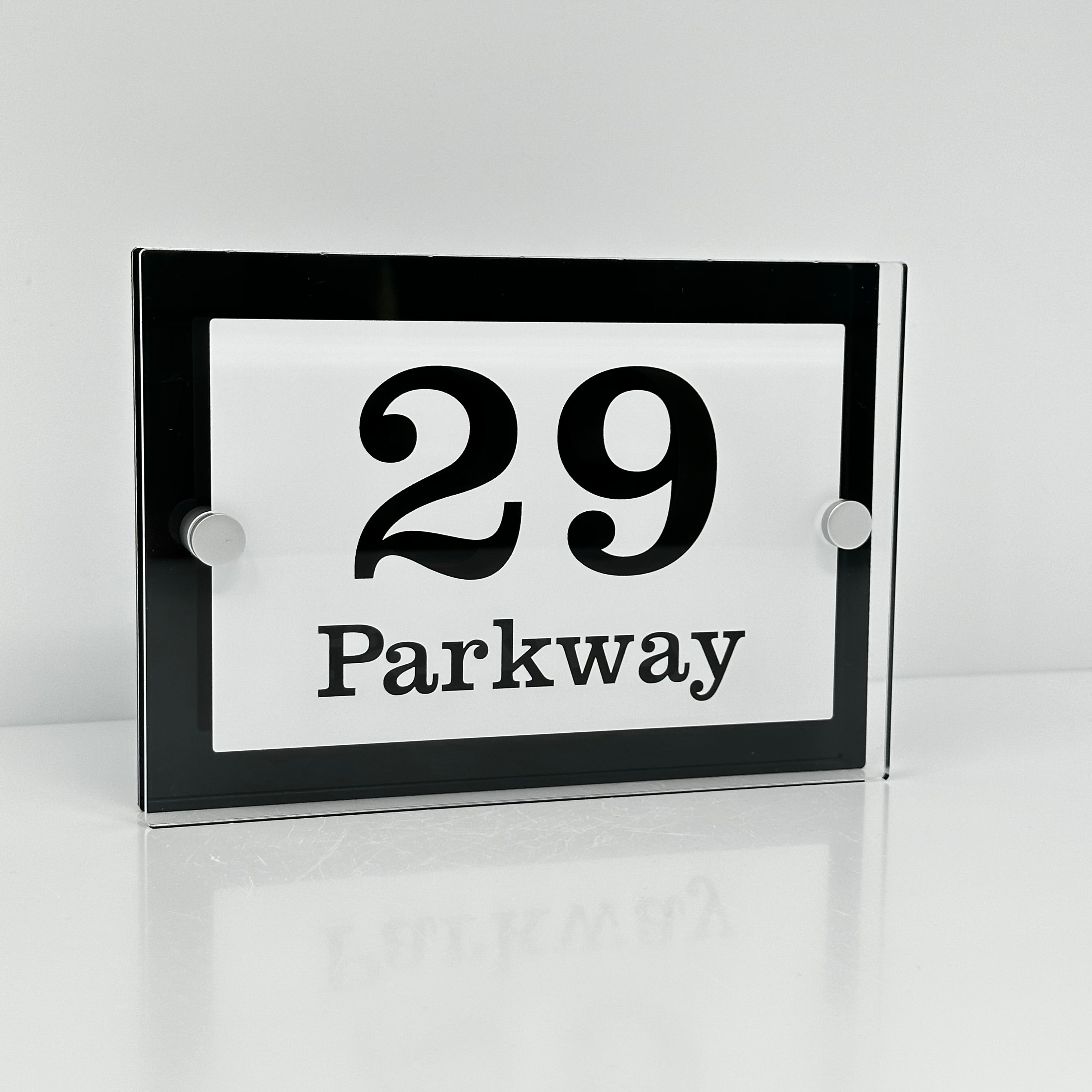 The Parkway Modern House Sign with Perspex Acrylic Front, Anthracite Grey Rear Panel and Satin Silver Stand Off Fixings ( Size - 20cm x 14cm - WHITE BACKGROUND CLEAR TEXT )