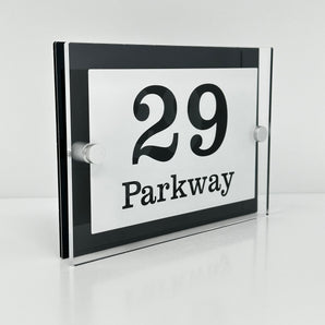 The Parkway Modern House Sign with Perspex Acrylic Front, Anthracite Grey Rear Panel and Satin Silver Stand Off Fixings ( Size - 20cm x 14cm - WHITE BACKGROUND CLEAR TEXT )