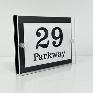 The Parkway Modern House Sign with Perspex Acrylic Front, Black Rear Panel and Satin Silver Stand Off Fixings ( Size - 20cm x 14cm - WHITE BACKGROUND CLEAR TEXT )