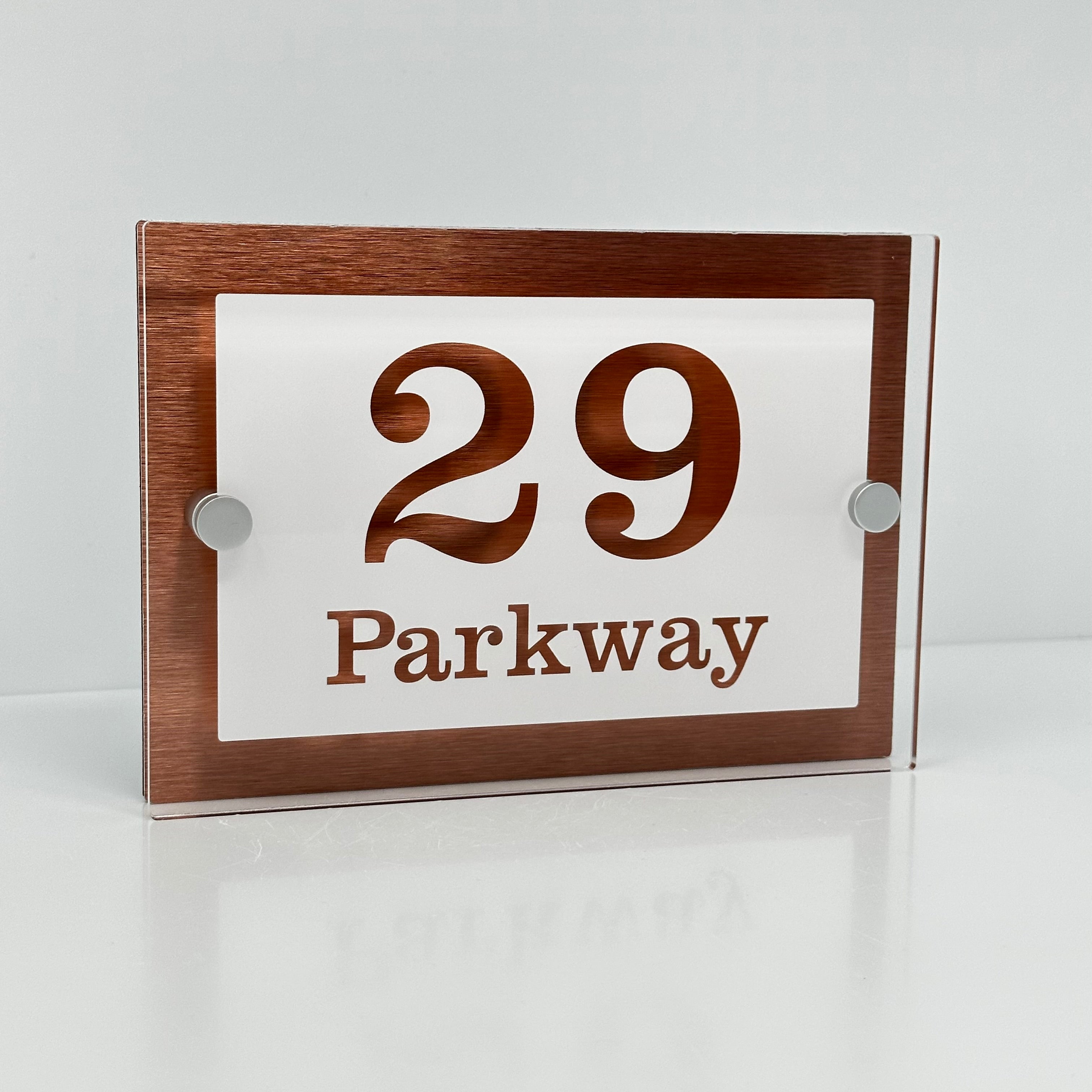 The Parkway Modern House Sign with Perspex Acrylic Front, Copper Rear Panel and Satin Silver Stand Off Fixings ( Size - 20cm x 14cm - WHITE BACKGROUND CLEAR TEXT )