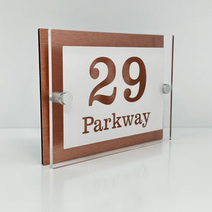 The Parkway Modern House Sign with Perspex Acrylic Front, Copper Rear Panel and Satin Silver Stand Off Fixings ( Size - 20cm x 14cm - WHITE BACKGROUND CLEAR TEXT )