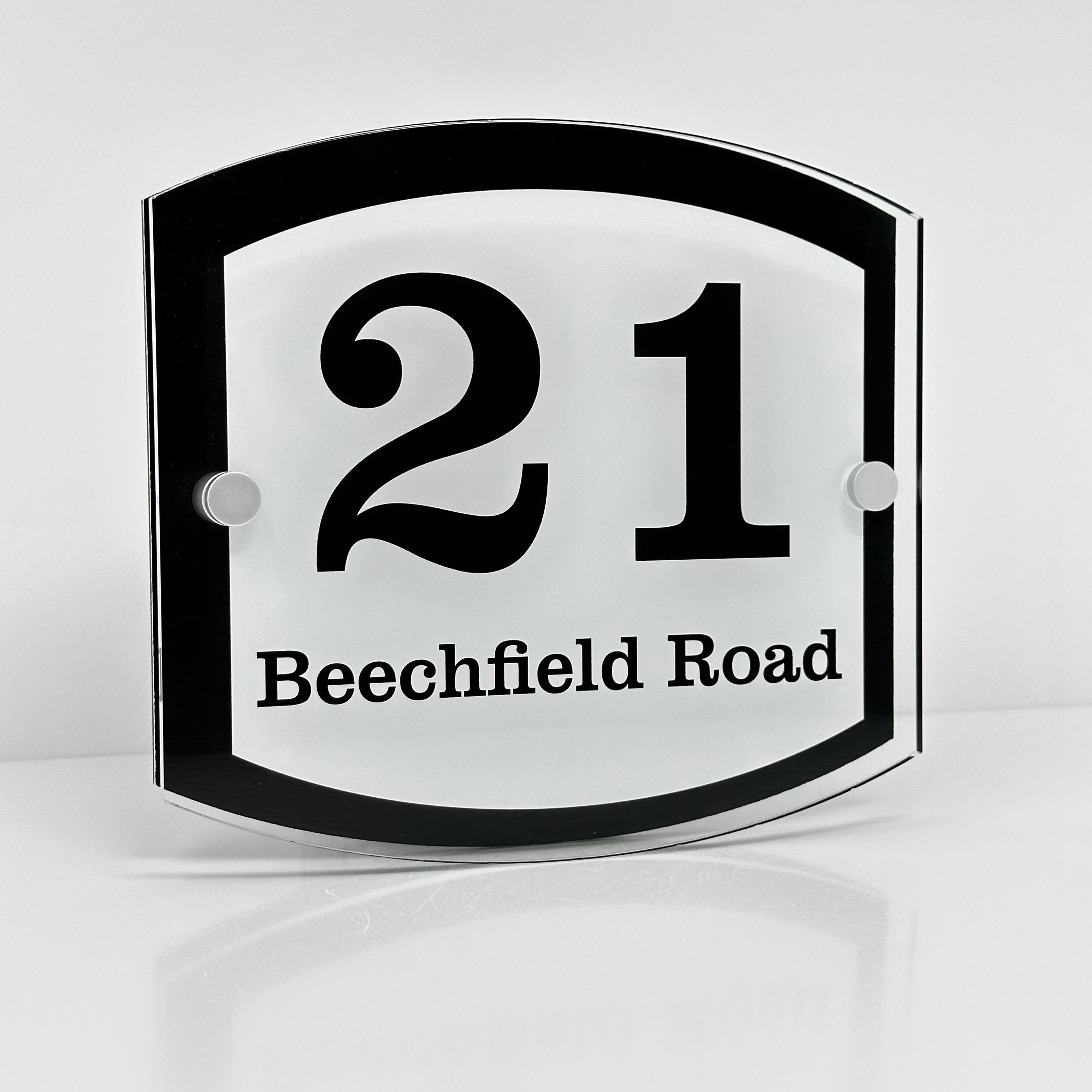 The Beechfield Modern House Sign with Perspex Acrylic Front, Black Rear Panel and Satin Silver Stand Off Fixings ( Size - 20cm x 18cm )