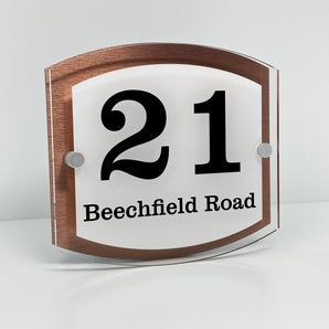 The Beechfield Modern House Sign with Perspex Acrylic Front, Copper Rear Panel and Satin Silver Stand Off Fixings ( Size - 20cm x 18cm - WHITE BACKGROUND BLACK TEXT )