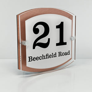 The Beechfield Modern House Sign with Perspex Acrylic Front, Copper Rear Panel and Satin Silver Stand Off Fixings ( Size - 20cm x 18cm - WHITE BACKGROUND BLACK TEXT )