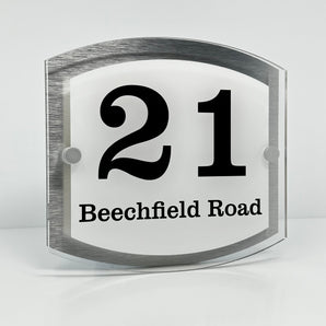 The Beechfield Modern House Sign with Perspex Acrylic Front, Silver Rear Panel and Satin Silver Stand Off Fixings ( Size - 20cm x 18cm - WHITE BACKGROUND BLACK TEXT )