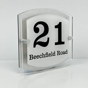 The Beechfield Modern House Sign with Perspex Acrylic Front, Silver Rear Panel and Satin Silver Stand Off Fixings ( Size - 20cm x 18cm - WHITE BACKGROUND BLACK TEXT )