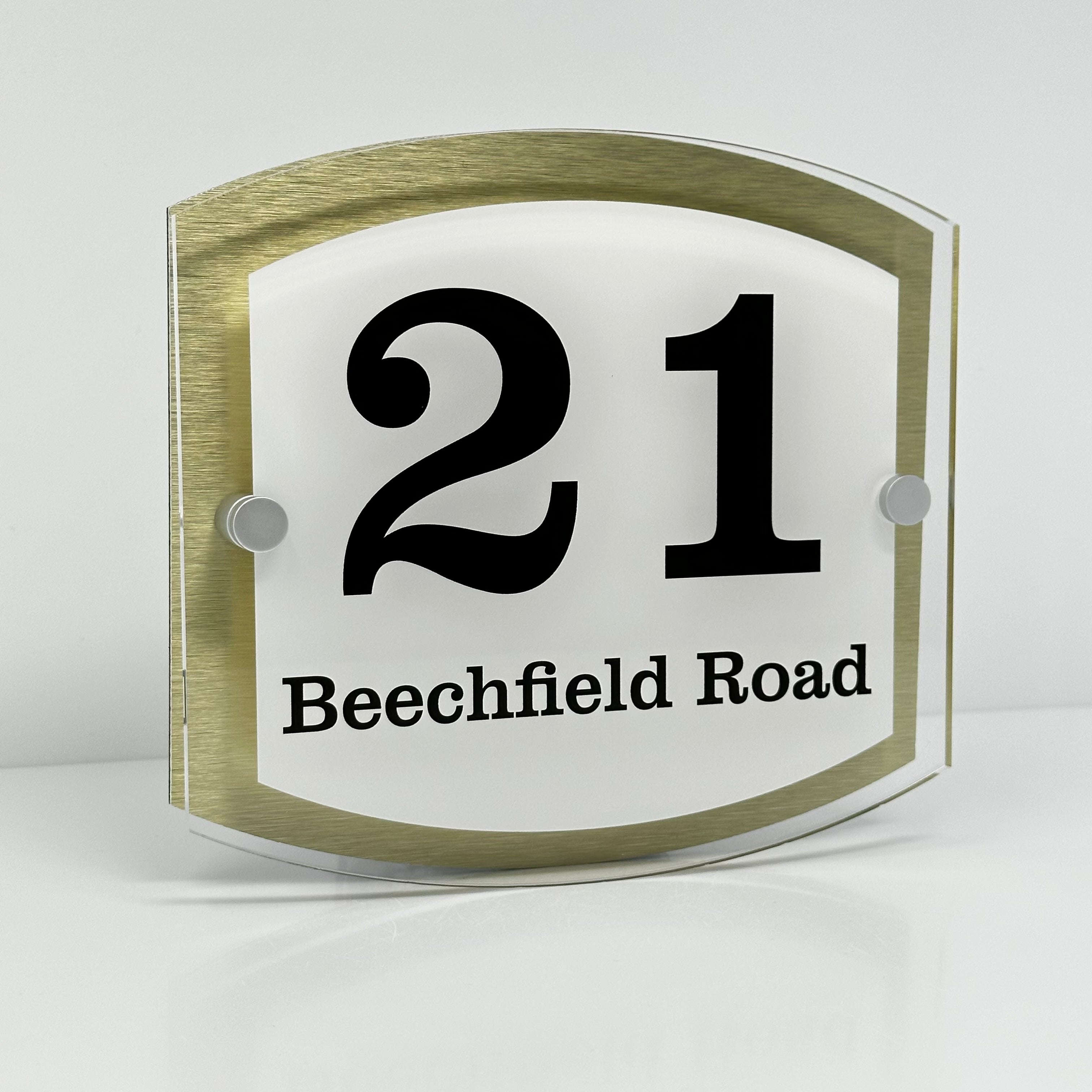 The Beechfield Modern House Sign with Perspex Acrylic Front, Gold Rear Panel and Satin Silver Stand Off Fixings ( Size - 20cm x 18cm - WHITE BACKGROUND BLACK TEXT )
