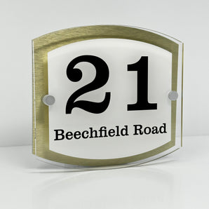 The Beechfield Modern House Sign with Perspex Acrylic Front, Gold Rear Panel and Satin Silver Stand Off Fixings ( Size - 20cm x 18cm - WHITE BACKGROUND BLACK TEXT )