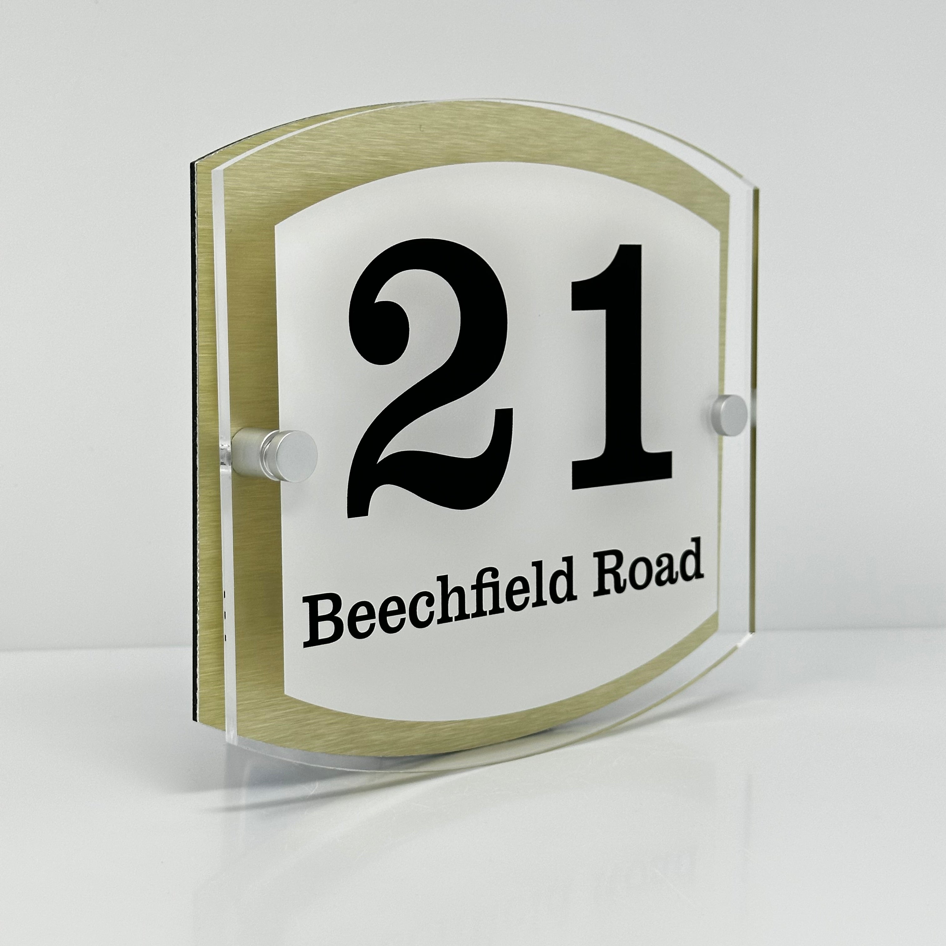 The Beechfield Modern House Sign with Perspex Acrylic Front, Gold Rear Panel and Satin Silver Stand Off Fixings ( Size - 20cm x 18cm - WHITE BACKGROUND BLACK TEXT )
